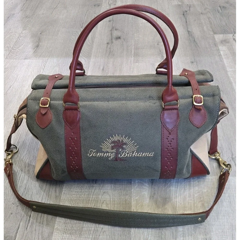 Vintage Tommy Bahama Mens Travel Duffel Bag Leather Green Beige Luggage Straps